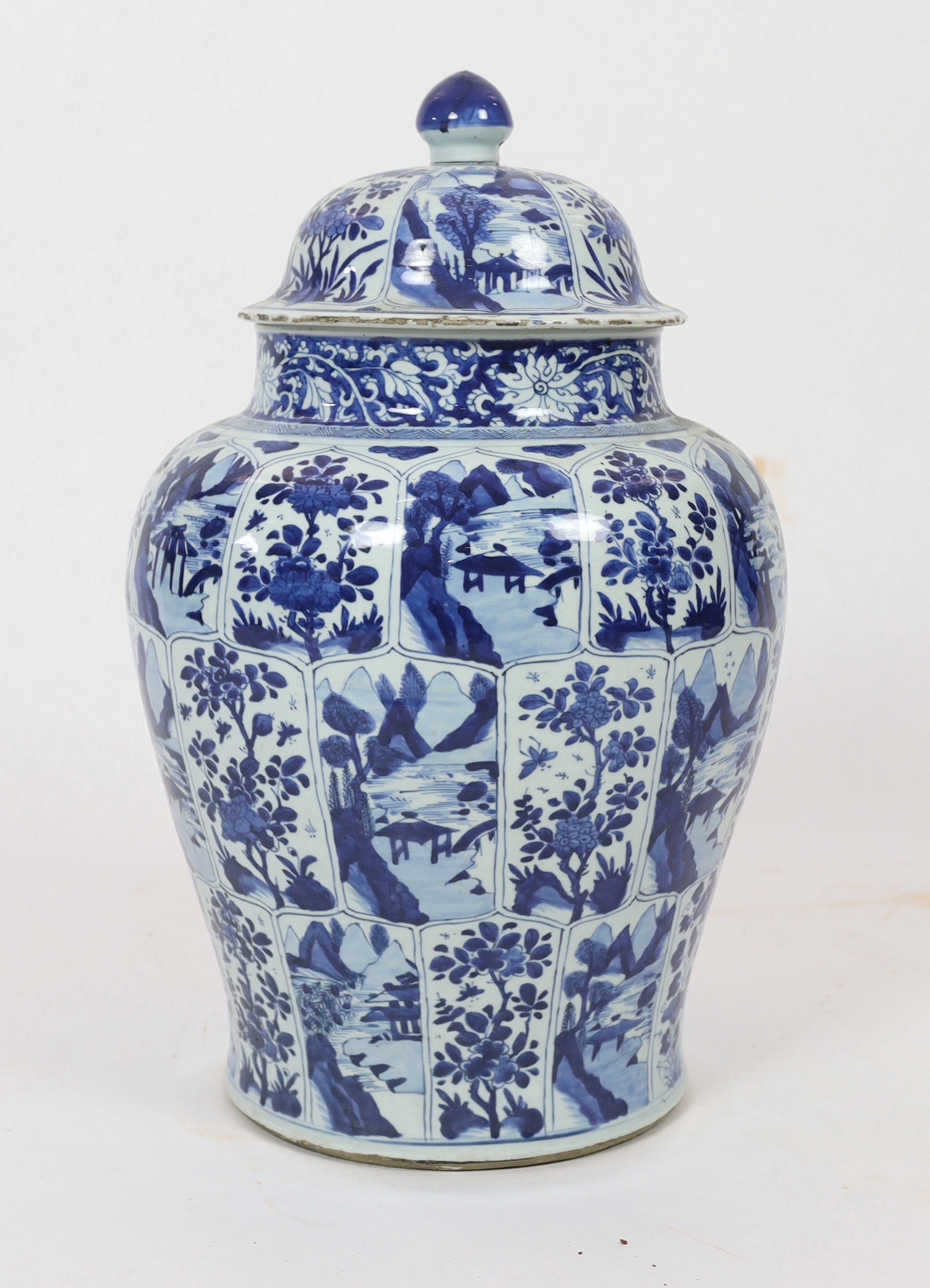 A massive Chinese blue and white jar and cover, Kangxi period, slight faults